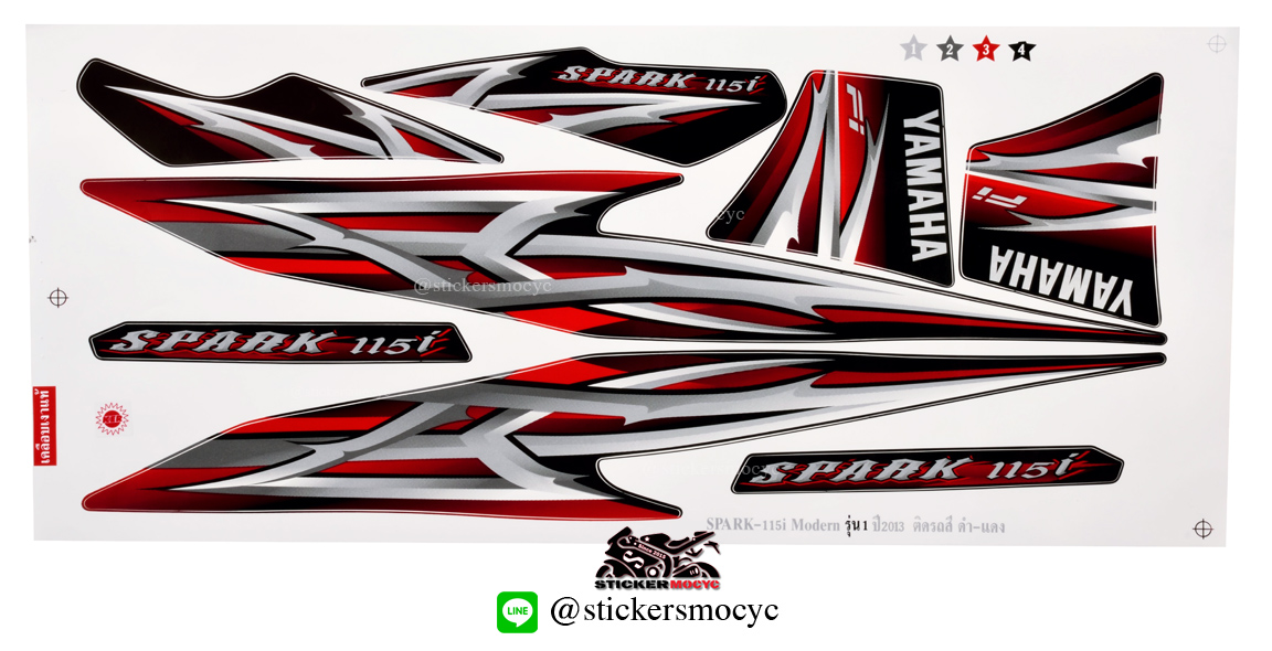สติ๊กเกอร์ติดรถมอเตอร์ไซค์ Yamaha Spark 115 i ปี 2013 รุ่น 1 Modern ติดรถสี ดำ แดง (เคลือบเงา)