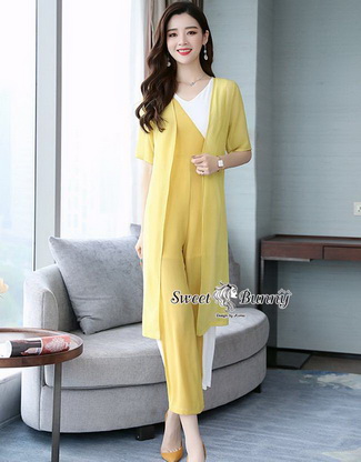 เสื้อคลุมยาวพร้อมจั๊มสูทงานเกาหลีสีเหลือง