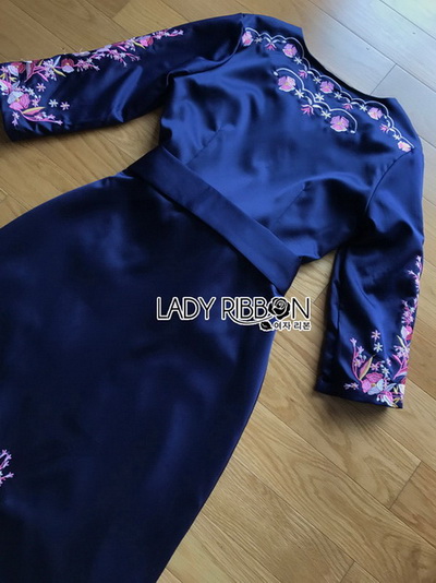 🎀 Lady Ribbon's Made 🎀 Lady Claire Modern Hippie Flower Embroidered Navy Crepe Long Dress