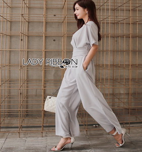 Lady Ribbon Pale-Grey Jumpsuit จัมป์สูทขายาว