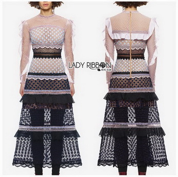 Lady Luna Ruffle Mixed Lace Long Dress