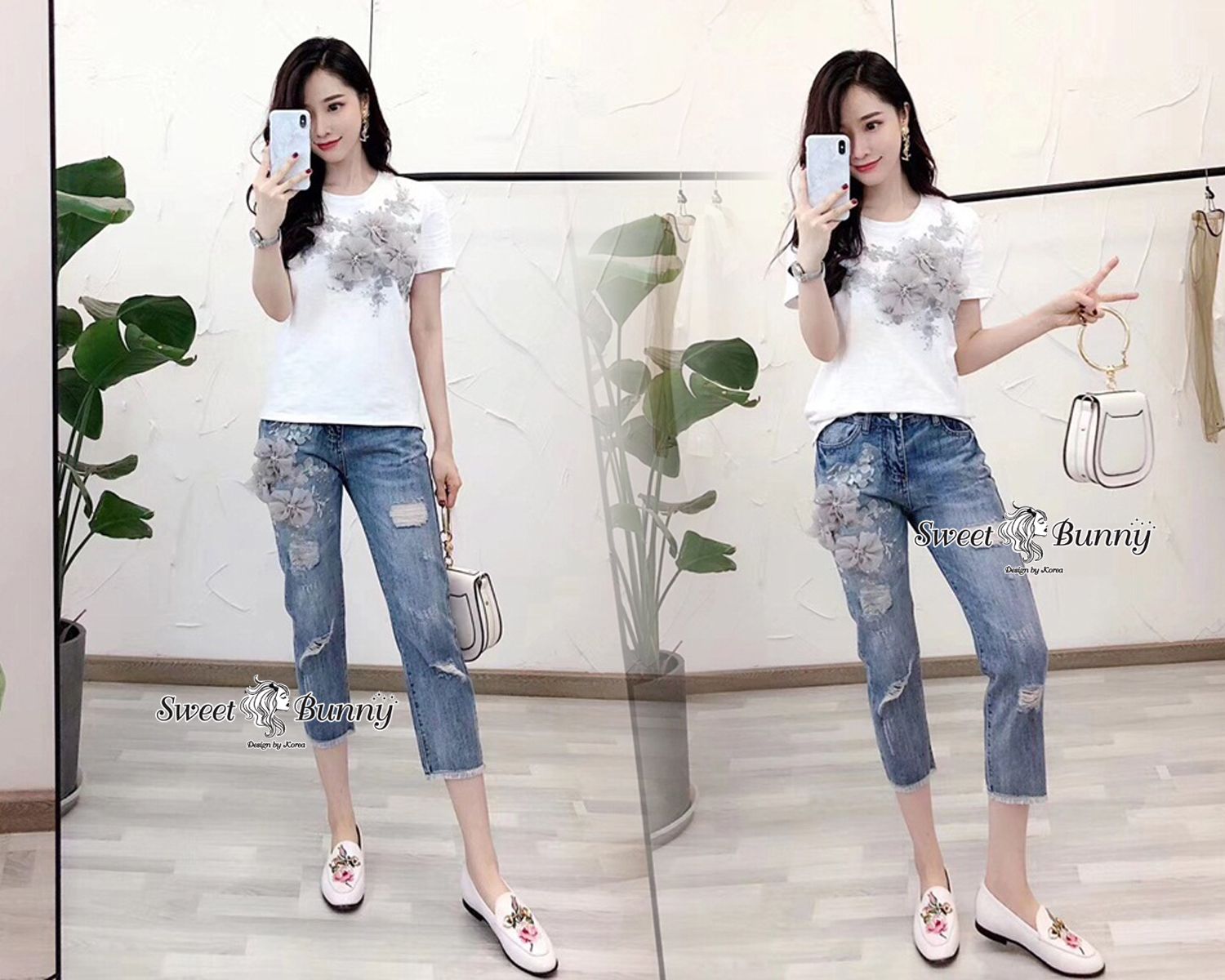 เสื้อยืดคอกลมแขนสั้น กางเกงทรงเอวสูงขากระบอก