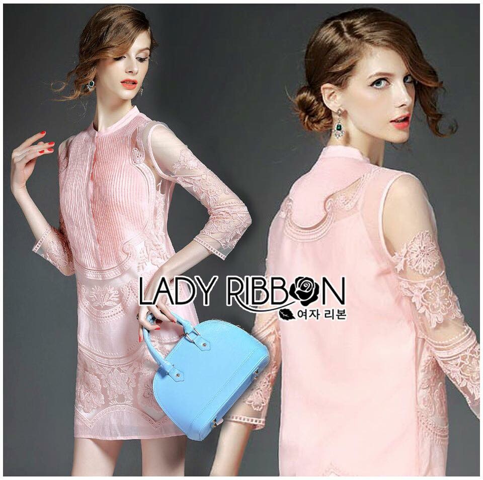 Lady Ribbon ออนไลน์ LR07090516 🎀 Lady Ribbon's Made 🎀 Lady Ashley Royal Sweet Floral Embroidered Organza and Cotton Mini Dress