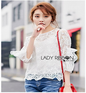 White Scallop Lace Blouse Lady Ribbon