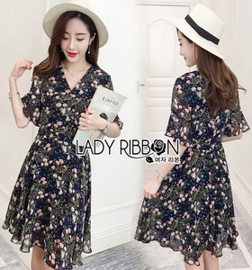 Lady Ribbon Nasha Mixed Wild Floral Printed Chiffon Ruffle Dress เดรสผ้าชีฟอง