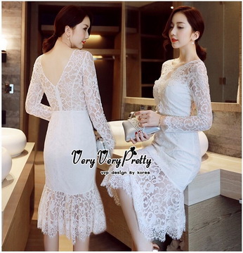 Lady Ribbon Online เสื้อผ้าแฟชั่นออนไลน์ขายส่ง เลดี้ริบบอนของแท้พร้อมส่ง Veryverypreppy เสื้อผ้า VP04240716 Luxury Floral Embroidery White Lace Dress