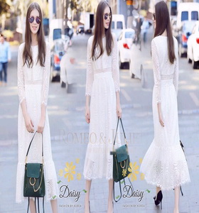 แฟชั่นลูกไม้ชุดเดรสเกาหลีสีขาว