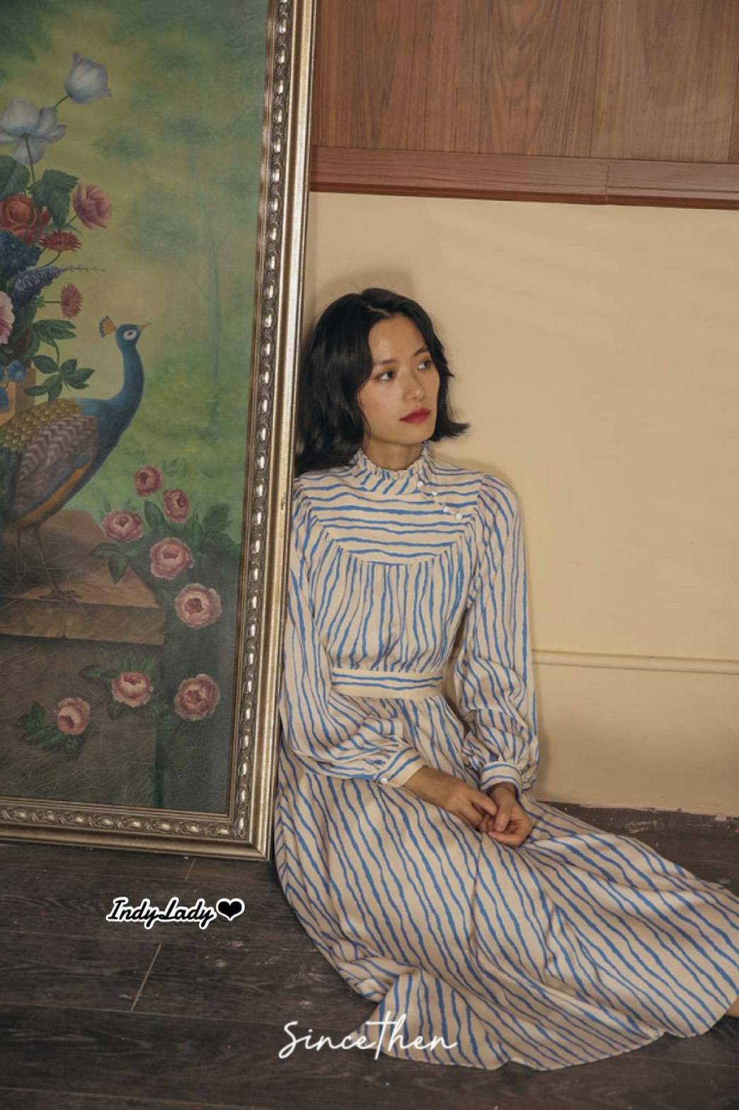 Dress ทรงสวย ลายริ้ว แขนยาวพอง
