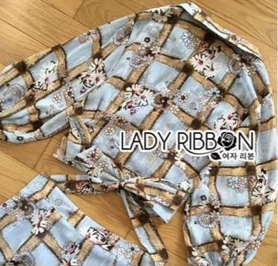 เซ็ตเสื้อเชิ้ตและกางเกงขายาวผ้าชีฟองสีฟ้าพิมพ์ลาย