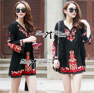 Embroidered Mini Dress มินิเดรสแขนยาวปักลายดอกไม้สีสด
