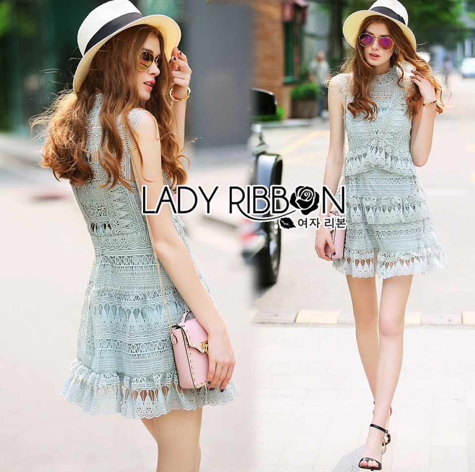 Lady Ribbon เสื้อผ้า LR09120516 🎀 Lady Ribbon's Made 🎀 Lady Abigail Classy Elegant High-Neck Layered Lace Dress in Baby Blue Self-Portrait Dress