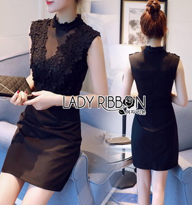 Lady Ribbon Crepe Mini Dress มินิเดรสคอสูงปักดอกไม้