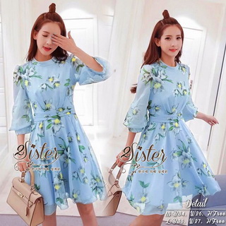 2Sister Made, Sweet Lovely Cuties Blue Wonder Dress เดรสสั้นลุคสาวหวาน ผ้าchiffonพริ้วบางเบาพิมพ์ลายดอกสวยทั้งตัว