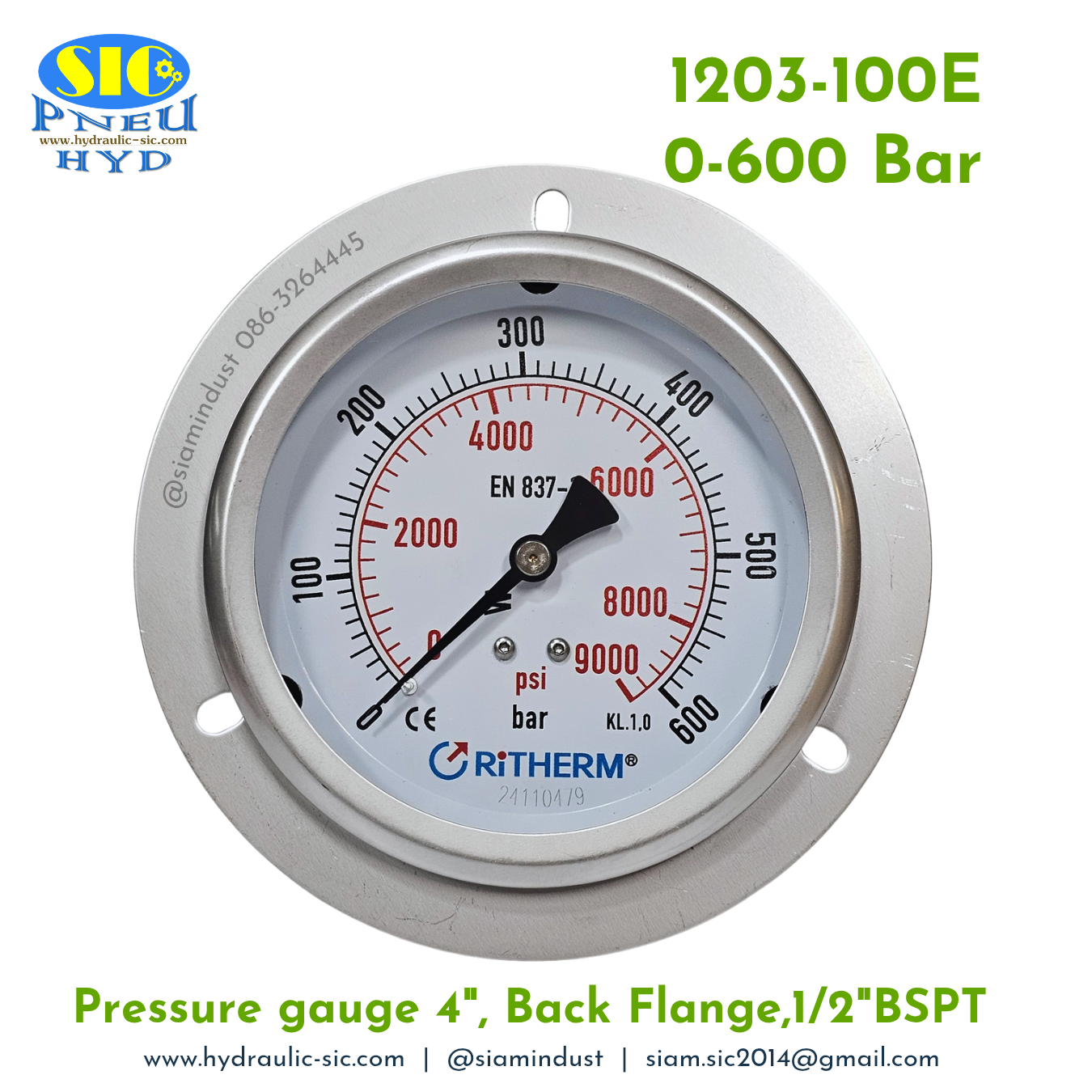 1203-100E Pressure Gauge เกจวัดแรงดันหน้าปัด 4" เกลียว 1/2" BSPT ออกหลังล่าง RiTHERM