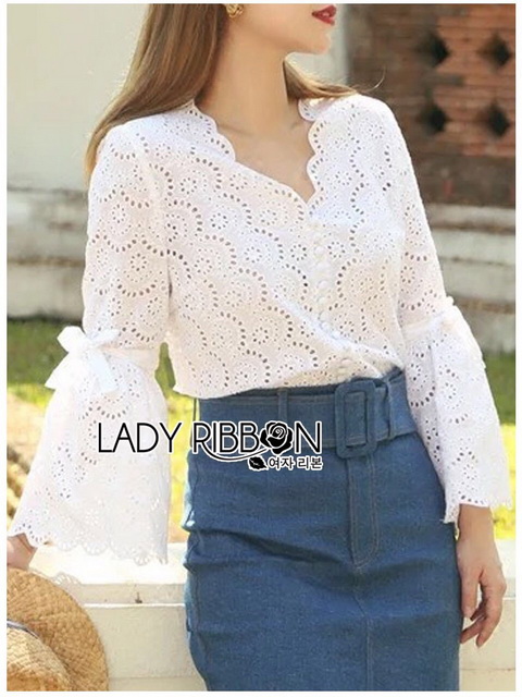 เสื้อผ้าคอตตอนฉลุลายตกแต่งริบบิ้น