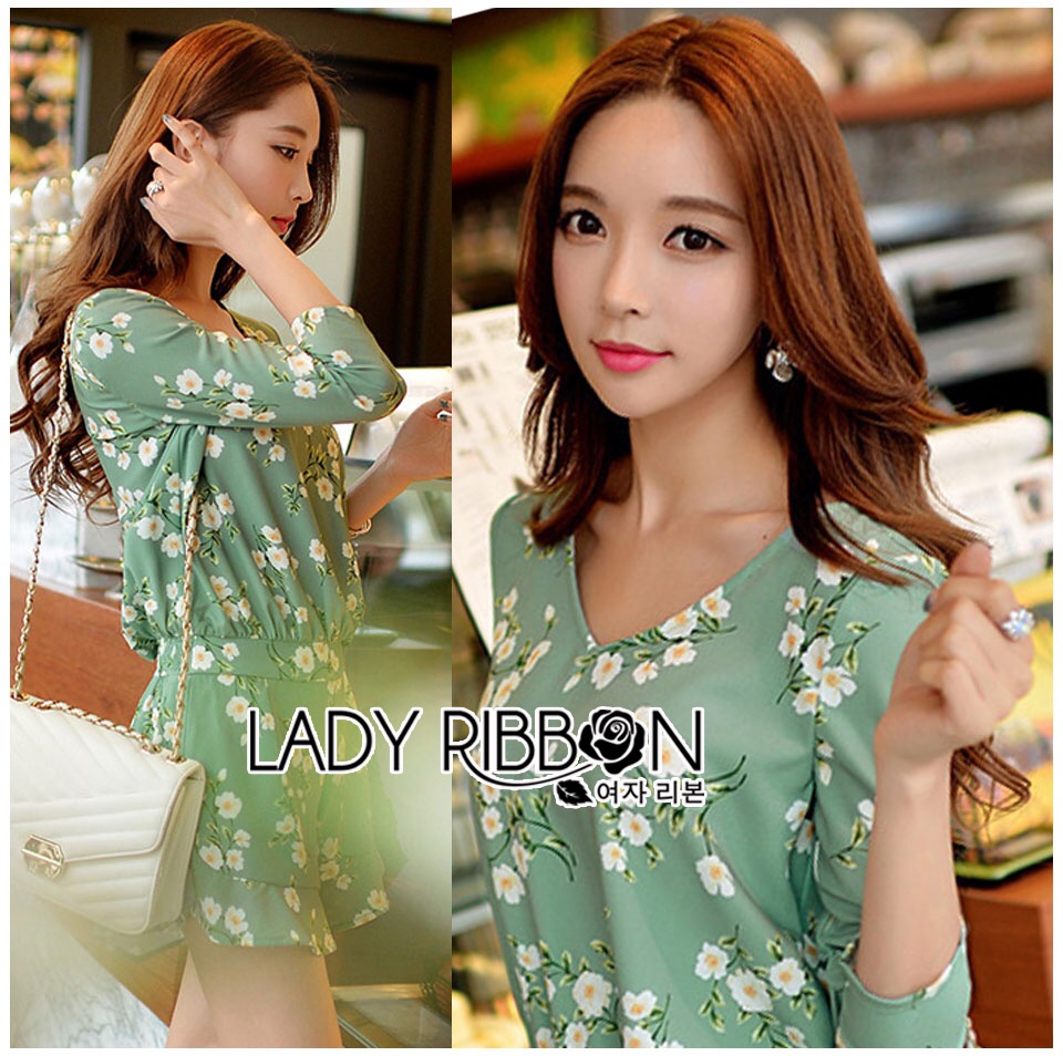Lady Ribbon's Made 🎀 Lady Hannah Pure Feminine Daisy Printed Mint Playsuit เสื้อผ้าเพลย์สูทสีเขียวมิ้นท์แท้พิมพ์ลายดอกเดซี่สไตล์เฟมินีน