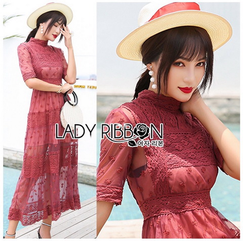เดรสผ้าลูกไม้สีชมพูเข้มสดใสผ้าลูกไม้โปร่งทอลาย