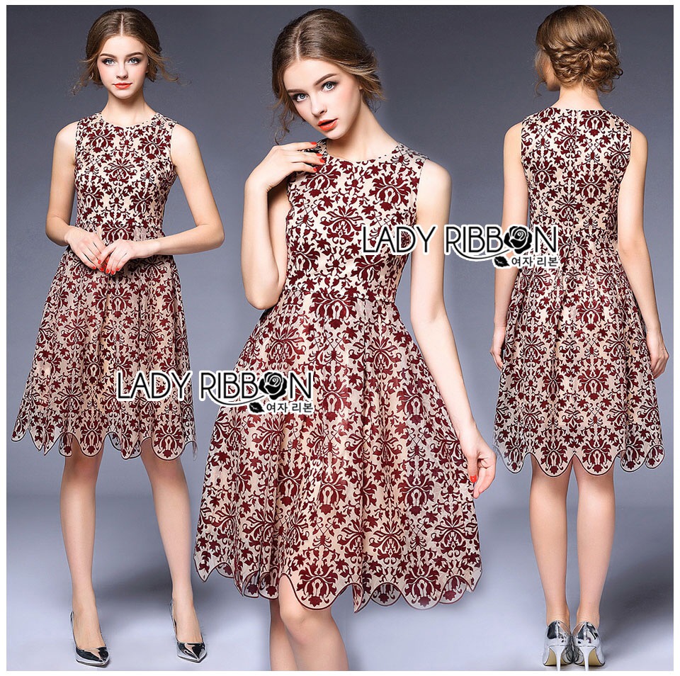 Lady Ribbon Sleeveless Dress เดรสแขนกุดผ้าทูลล์พิมพ์ลายแพทเทิร์นดอกไม้สีแดง