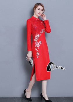 ชุดเดรสคอจีนสีแดง