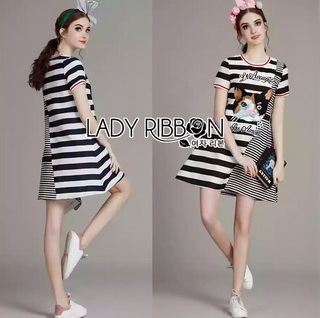 LR05290816 🎀 Lady Ribbon's Made 🎀 Lady Kara Playful Mixed Striped Kitty Cat Embroidered Dress