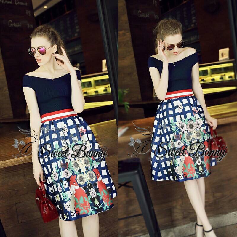 Lady Ribbon Online SW06090616 Sweet Bunny Present... Bardot Knit Blouse and Flower Print Jersey Skirt Set