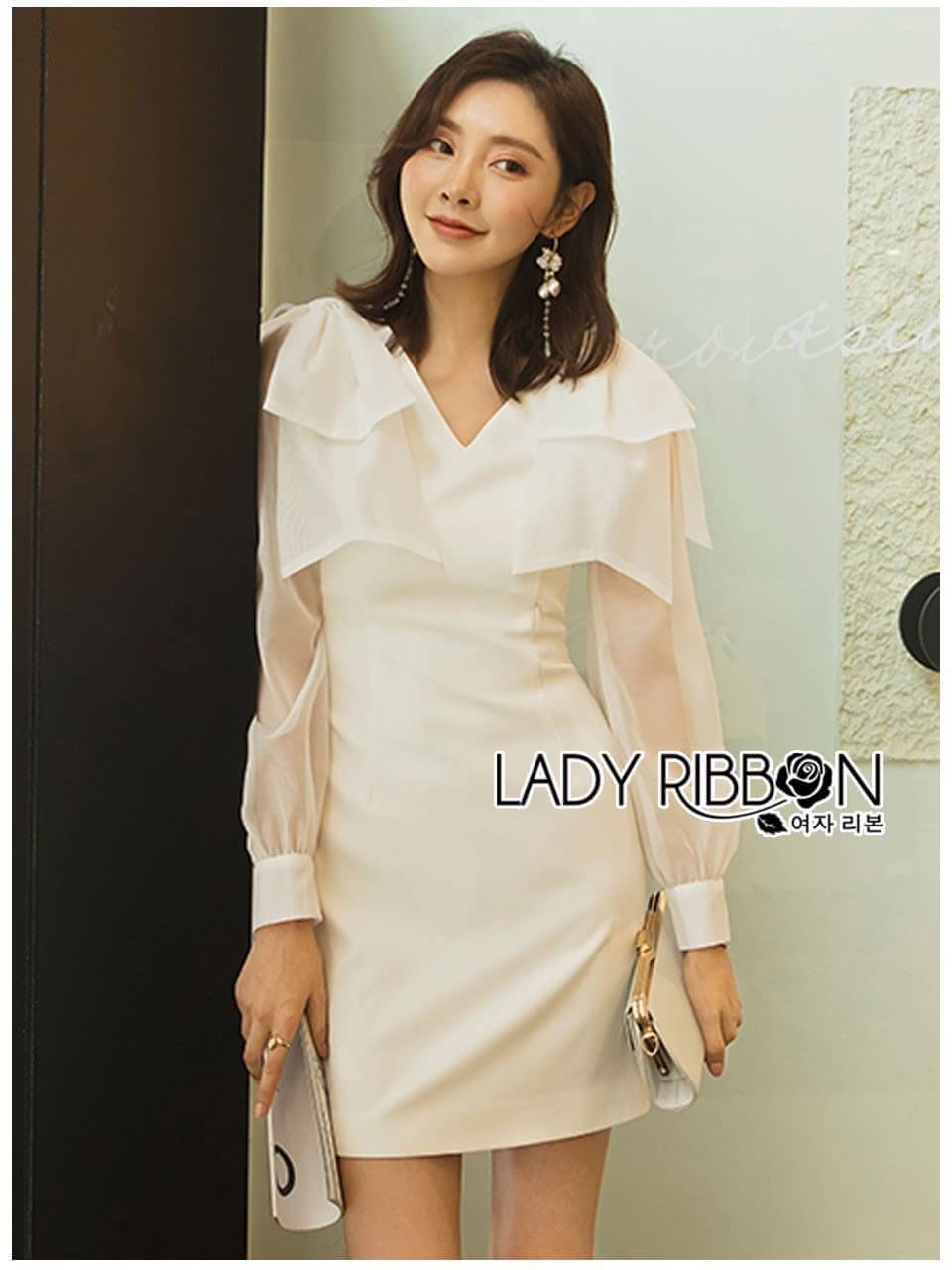 เดรสสั้นผ้าเครปและผ้าแก้วออแกนดี้ สีขาว