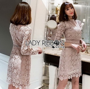 Lady Stella Flower Lace Dress in Beige