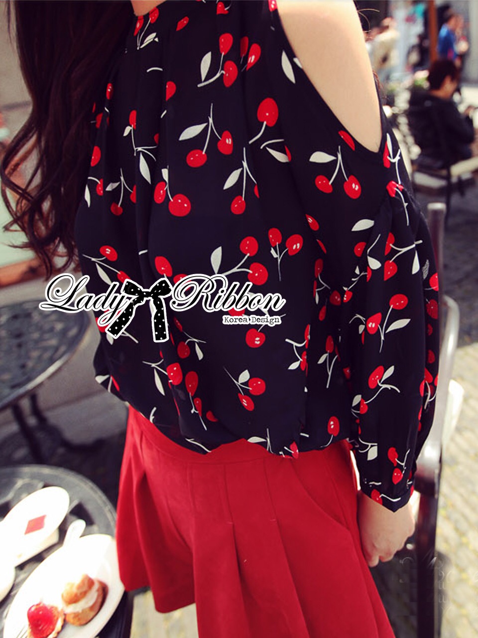 🎀 Lady Ribbon's Made 🎀 Lady Elena Mini Cherries Cut-Out ChiffonTop and High-Waist Shorts Set เซ็ตเสื้อชีฟองพิมพ์ลาย
