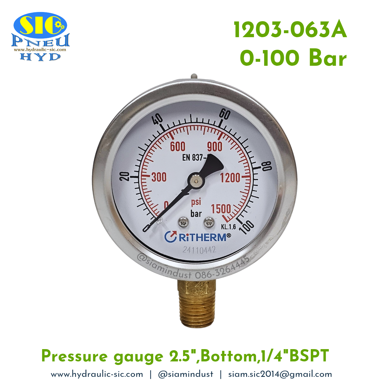 1203-063A Pressure Gauge เกจวัดแรงดันหน้าปัด 2.5" เกลียว 1/4"BSPT ออกข้าง RiTHERM