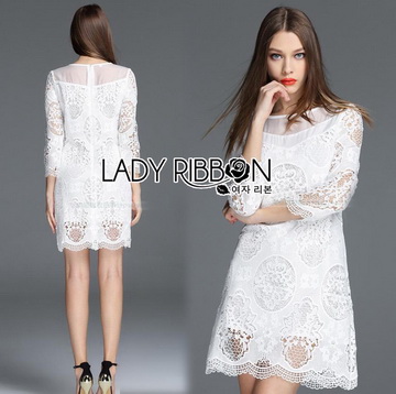 Lady Ribbon Online เสื้อผ้าออนไลน์ ขายส่งของแท้ราคาถููก LR09110716 🎀 Lady Ribbon's Made 🎀 Lady Daria Pure Classic White Silk Cotton and Lace Dress