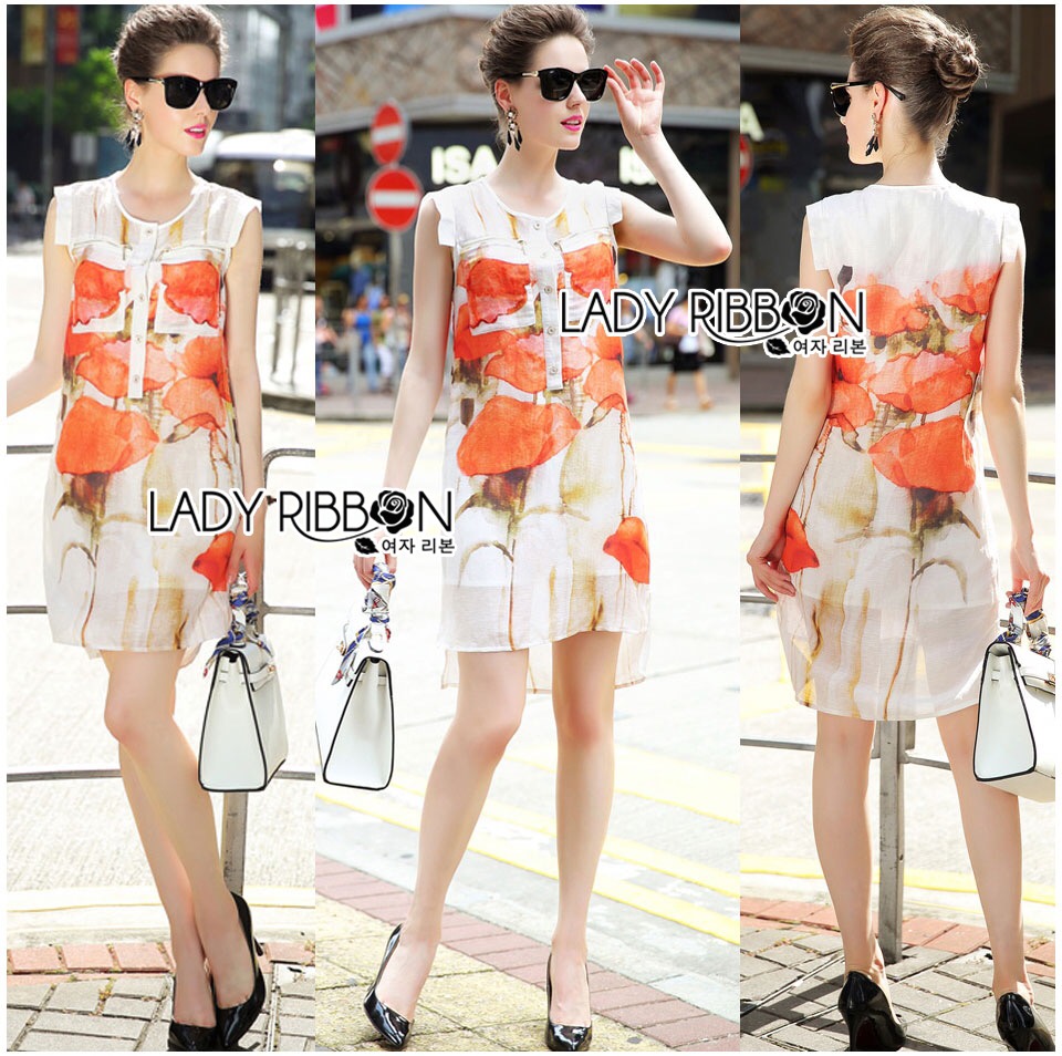 Lady Ribbon's Made 🎀 lady ribbon dress Lady Kimberley Smart Casual Holiday Orange Flower Printed Chiffon Dress เดรสแขนกุด