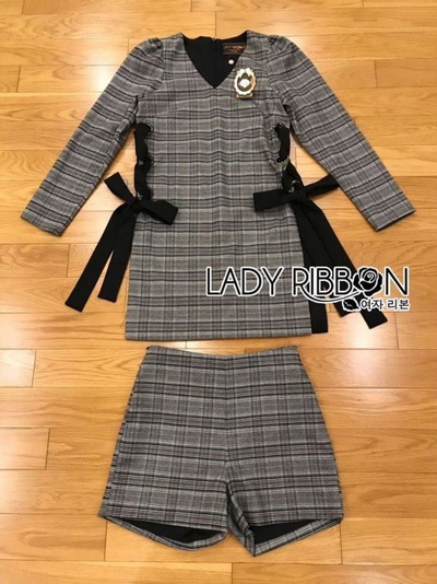 เซ็ตเสื้อผ้าวูลลายตารางตกแต่งริบบิ้นด้านข้าง