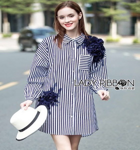 Lady ribbon Flower Embroidered Striped Shirt เชิ้ตแขนยาวลายทาง