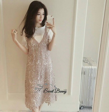 Lady Ribbon Online เสื้อผ้า ออนไลน์ ของแท้ SW03230616 Sweet Bunny Present... Lace V-Neck Sleeveless Dress Set