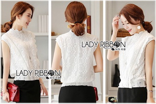 Lady Ribbon Online เสื้อผ้าออนไลน์ขายส่ง lady ribbon เสื้อผ้าLR11150816 🎀 Lady Ribbon's Made 🎀 Lady Alice High-Neck Scallop White Lace Top เสื้อลูกไม้สีขาวทรงคอสูง