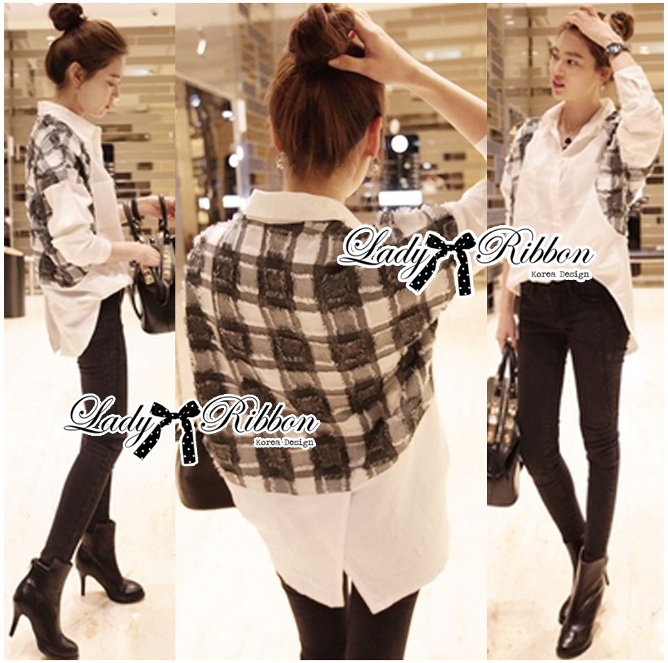 🎀 s Made 🎀 Lady Jennifer Sporty Plaid Embroidered White Shirt เชิ้ตขาวตกแต่งผ้าตัดต่อให้เป็นลายสก็อต ตัวนี้ออกแนวสปอร์ต สาวเท่ๆจะต้องชอบ ทั้งตัวเป็นผ้าคอตตอนสีขาวเรียบๆแ
