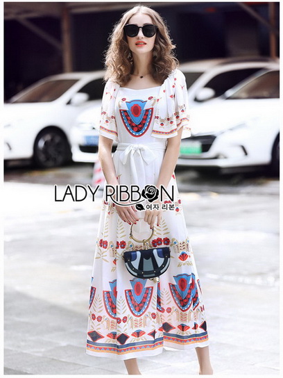 Dress เดรสผ้าเครปสีขาวพิมพ์ลายสีสดใส