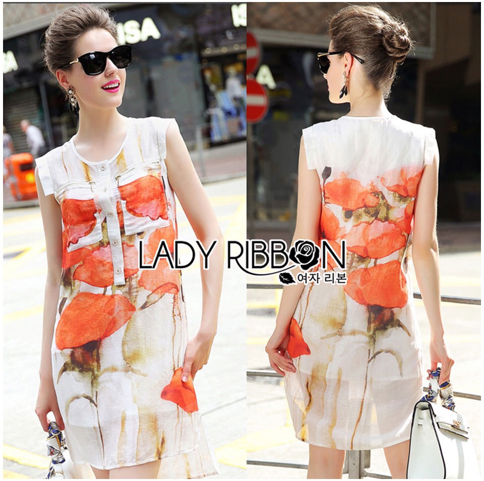 Lady Ribbon's Made 🎀 Lady Kimberley Smart Casual Holiday Orange Flower Printed Chiffon Dress