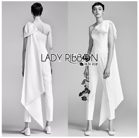 จัมป์สูทขายาวไหล่เดี่ยวผูกโบสีขาวสุดหรู