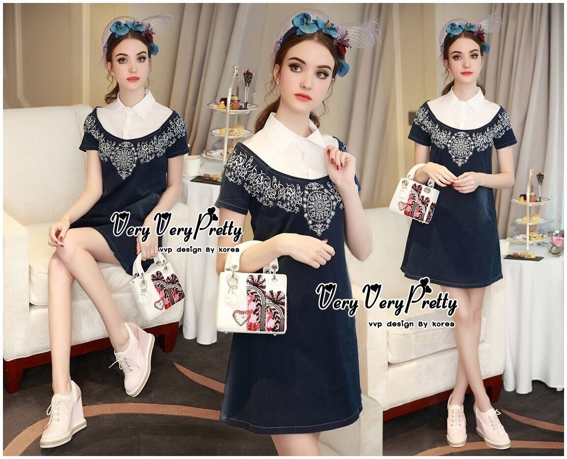 Lady Ribbon Online เสื้อผ้าออนไลน์ ขายส่ง VP06110716 Soft Denim Embroidered Shirt Dress