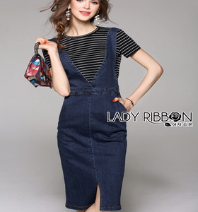 Lady Ribbon Vanessa Casual Chic Striped Top and Overall Denim Dress Set