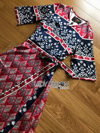 Lady Jane Red and Navy Printed Kimono Dress