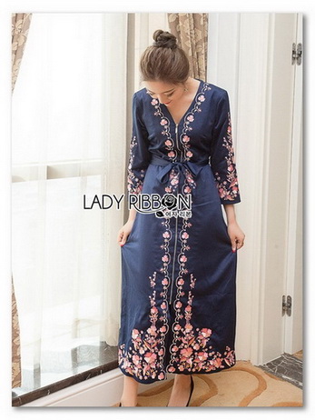 🎀 Lady Ribbon's Made 🎀 Lady Claire Modern Hippie Flower Embroidered Navy Crepe Long Dress