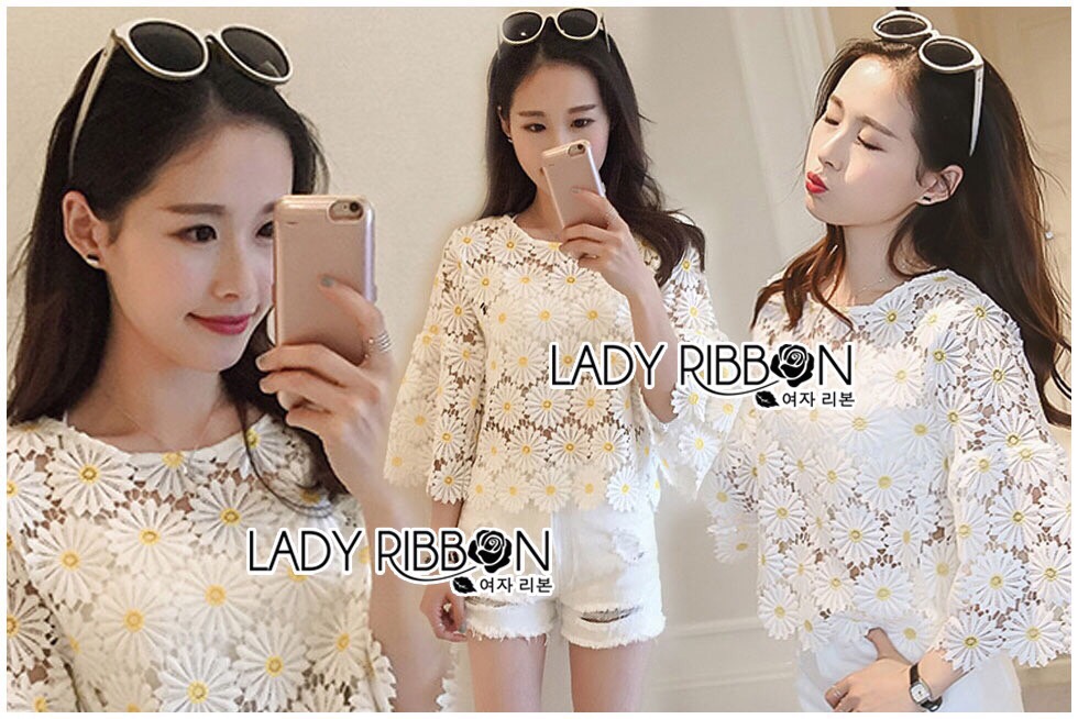 Lady Ribbon brand LR20190516 🎀 Lady Ribbon's Made 🎀 Lady Stephanie Little Sunshine White and Yellow Floral Cropped Top brand