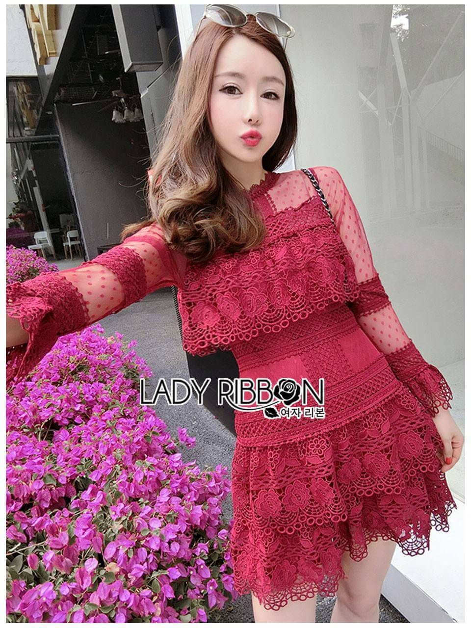 Mini Dress มินิเดรส ผ้าลูกไม้สีแดงตกแต่งระบาย