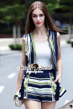 Lady Ribbon Online ขายส่งเสื้อผ้าออนไลน์พร้อมส่งของแท้ SS15220716 Seoul Secret Say's .... Vitton Stripy High Fashed Outer Set
