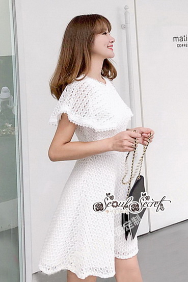เดรสเนื้อผ้าทอลายลูกไม้สีขาวผ้าลูกไม้โปร่ง