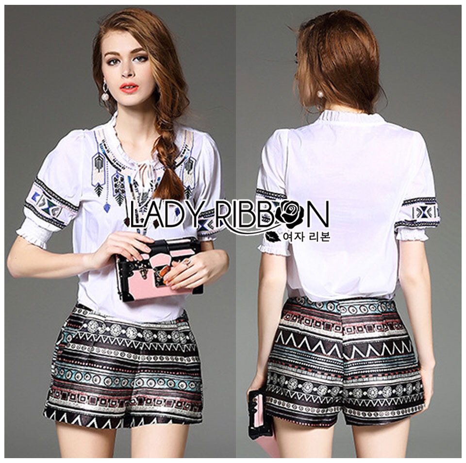 Lady Ribbon เสื้อผ้า LB09160516 🎀 Lady Ribbon's Made 🎀 Lady Annie Tribal Chic Embroidered Top and Shorts Set