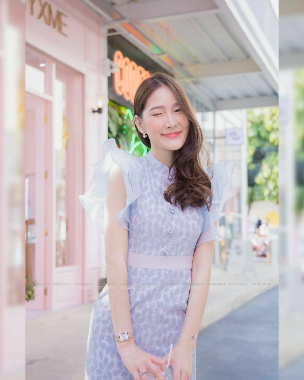 เดรสงานซิปหลังระบายแขน