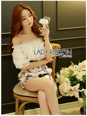 Lady Ribbon Online ขายส่ง เสื้อผ้าออนไลน์ ของแท้ LR18040716 🎀 Lady Ribbon's Made 🎀 Lady Cathy Off-Shoulder Chiffon with Butterfly Printed Playsuit